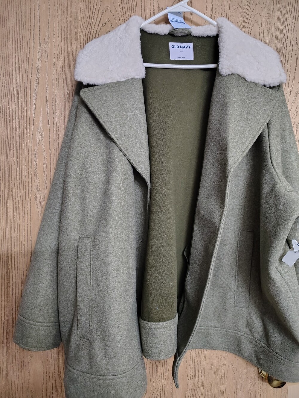 Old Navy Olive Green Pea Coat with Cream Faux Shearling Collar